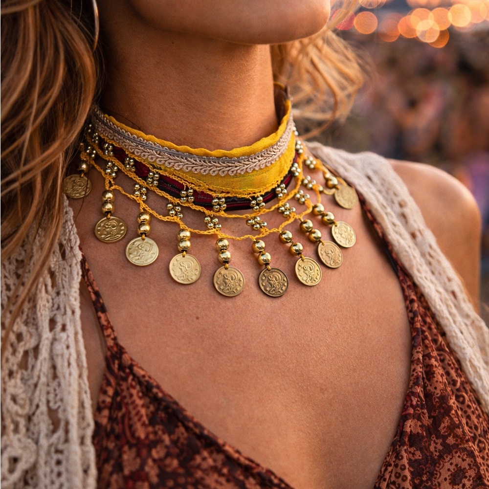 Artisan Shimmy Gold Coin Choker Necklace Handmade Collar Goddess OOAK Signed